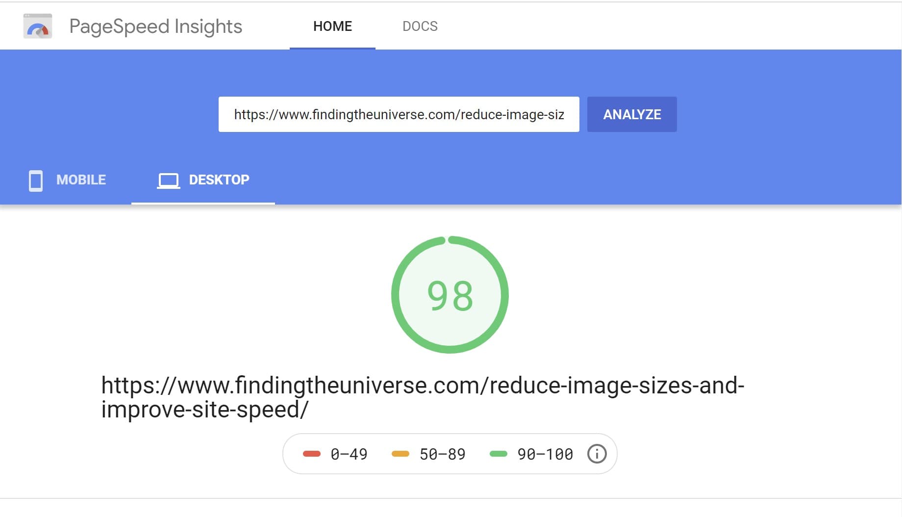 Pagespeed Insights score for Cloudways hosted site