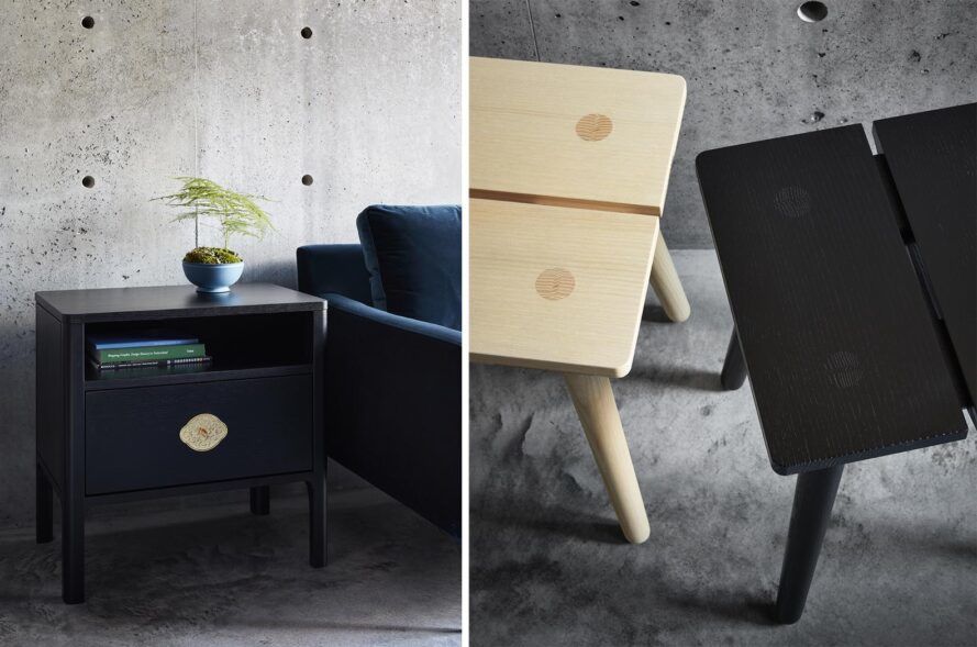 Left, a black side table. Right, an aerial view of a natural wood and black painted table.