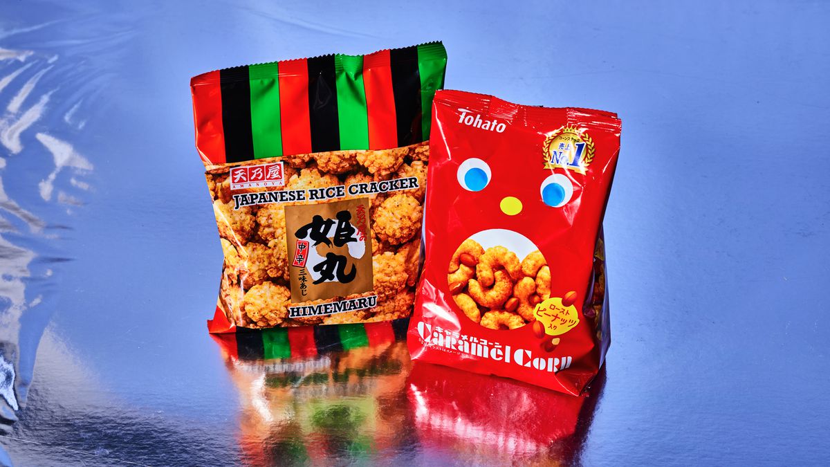 A bag of Japanese rice crackers and a bag of caramel corn puffs