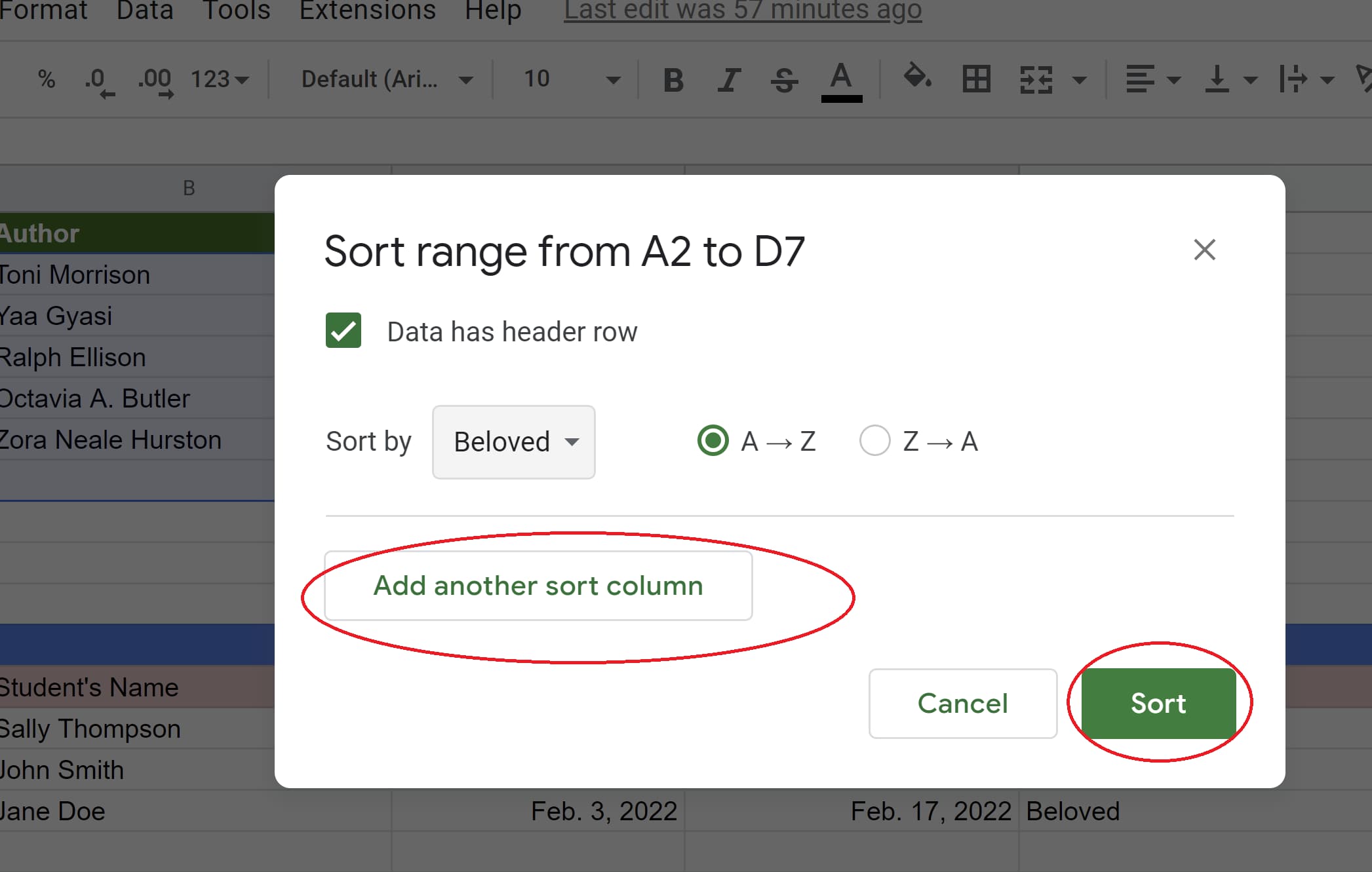 Add another sort column and sort button in Google Sheets