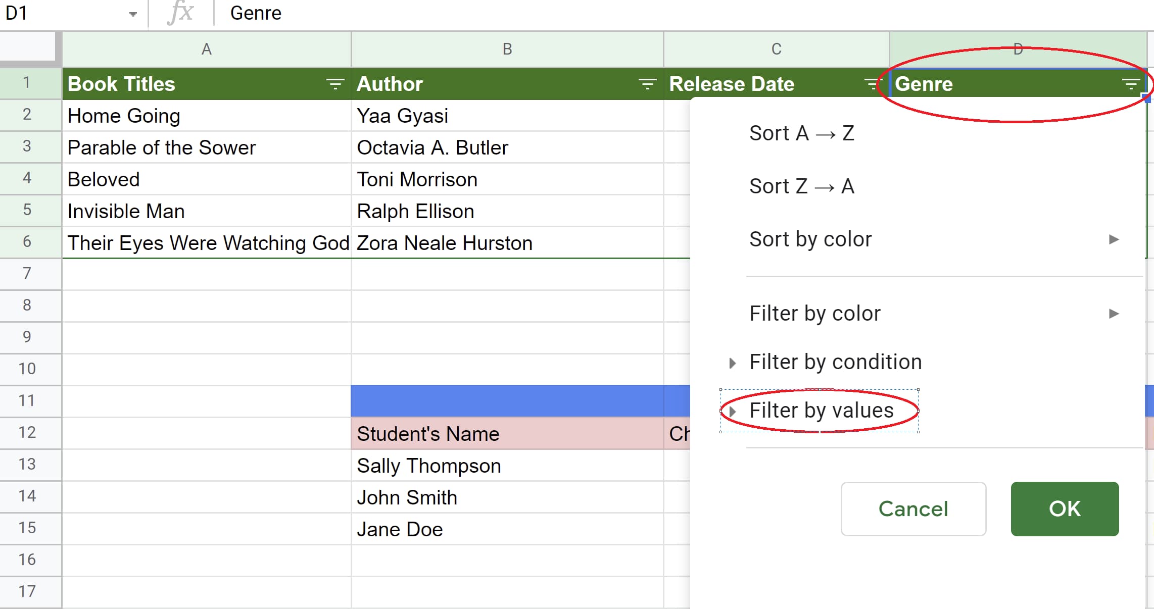 Open the filter icon in the Genre column and select the Filter by value tab in Google Sheets
