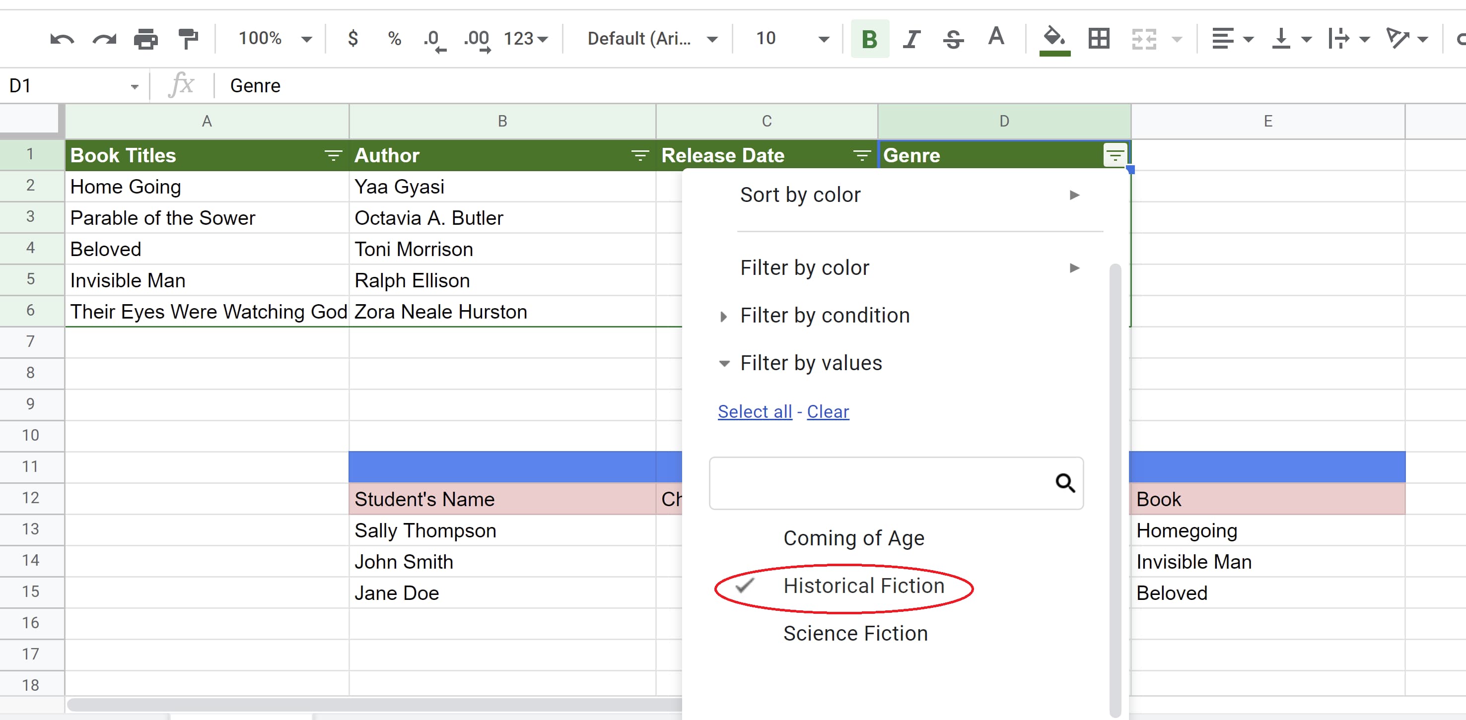 Historical fiction data value selected, other values ​​deselected in Google Sheets