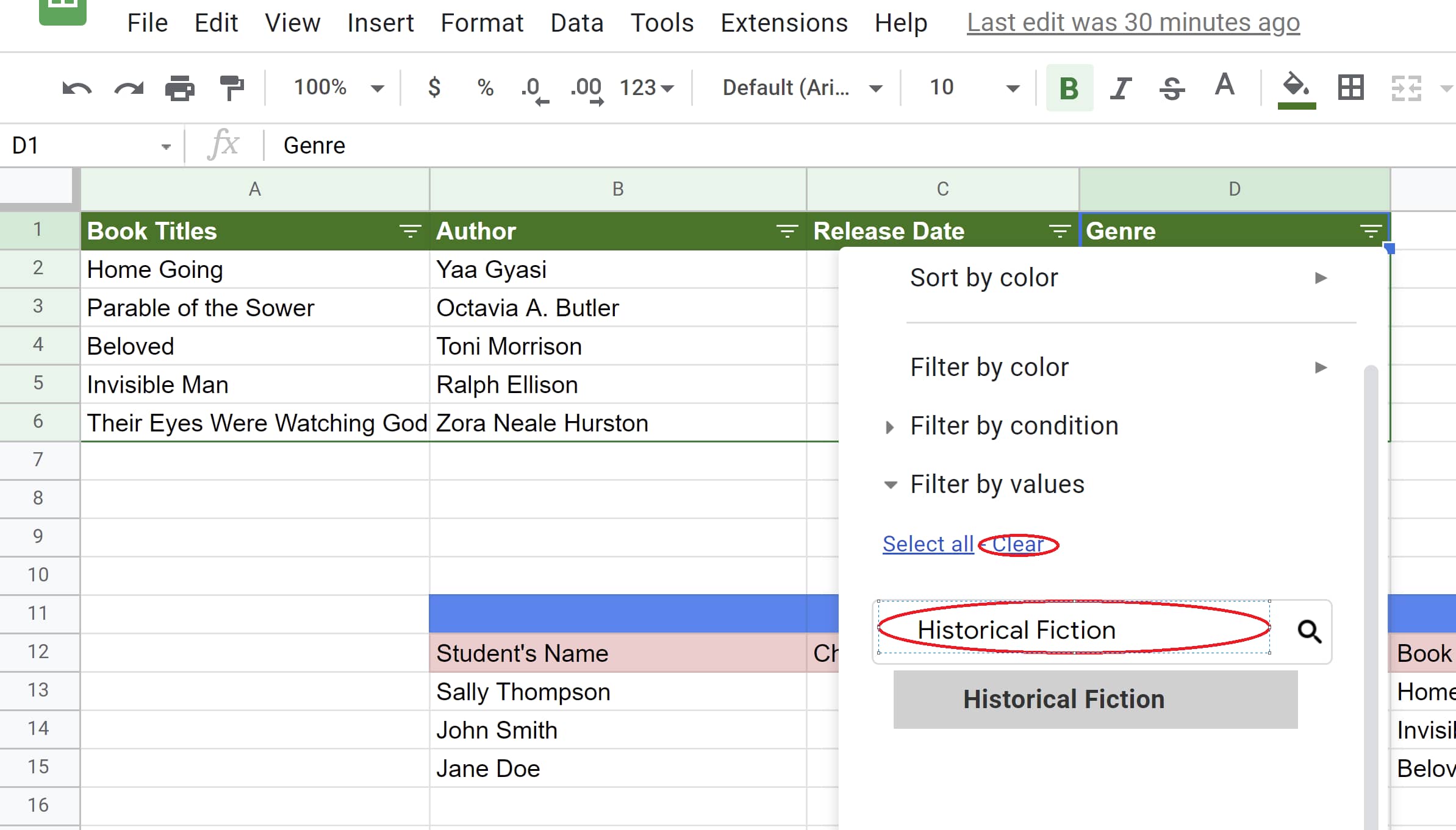 Historical fiction data value selected, other values ​​deselected in Google Sheets