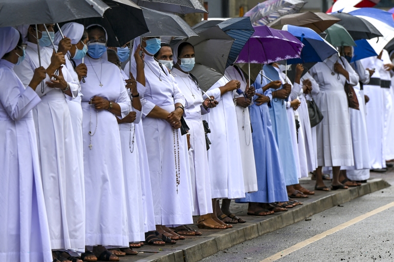 Catholic priests and nuns hold silent protest outside Supreme Court building in Colombo, Sri Lanka