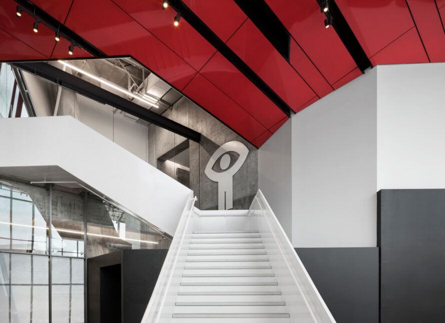 red ceiling with white stairs