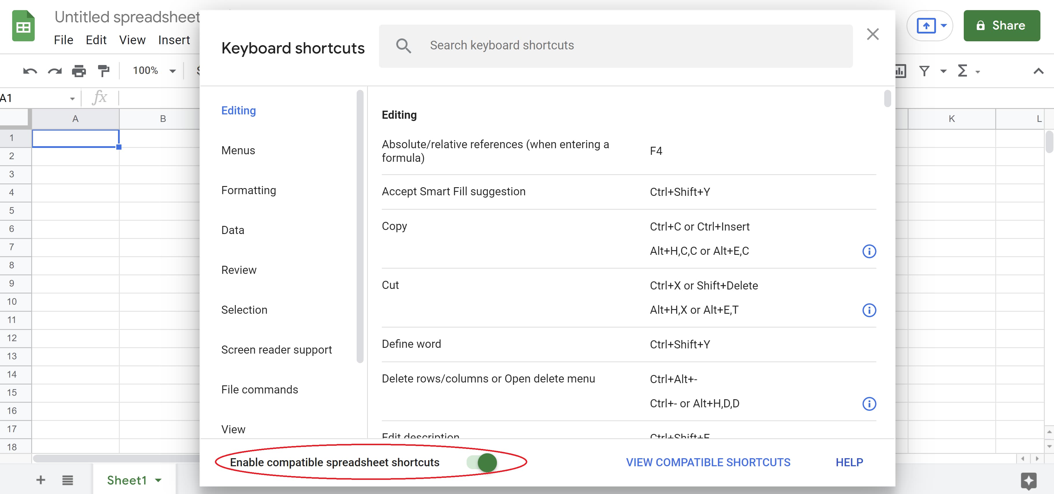 How to Enable Excel Shortcuts Using Google Sheets Shortcuts