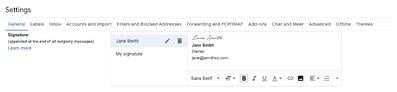 Screenshot of Gmail email signature settings. 