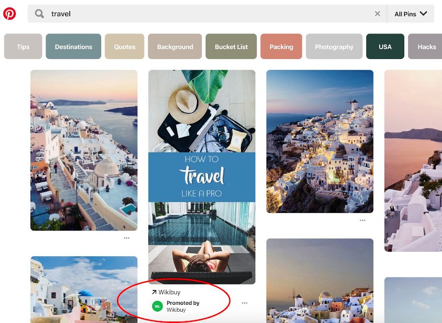 page displaying Pinterest Promoted pin