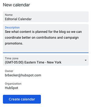 Adding Details in Google Calendar to Create New Calendar