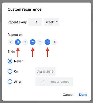Setting Custom Recurrence in Google Calendar for Recurring Event