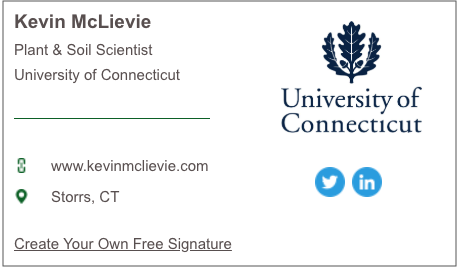 email signature for Kevin McLievie of University of Connecticut generated with HubSpot's Email Signature Generator