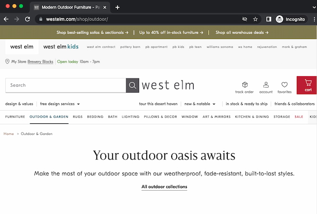 Great page title SEO in this example from West Elm The page title is 