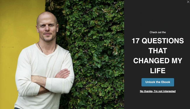 Exit intent popup example: Tim Ferriss