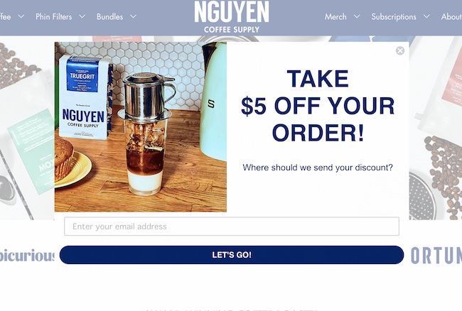 Exit intent popup example: Nguyen Coffee Supply