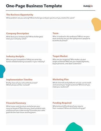 Sample business plan: HubSpot 1 page template