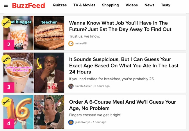 Content creation example: Buzzfeed Quizzes