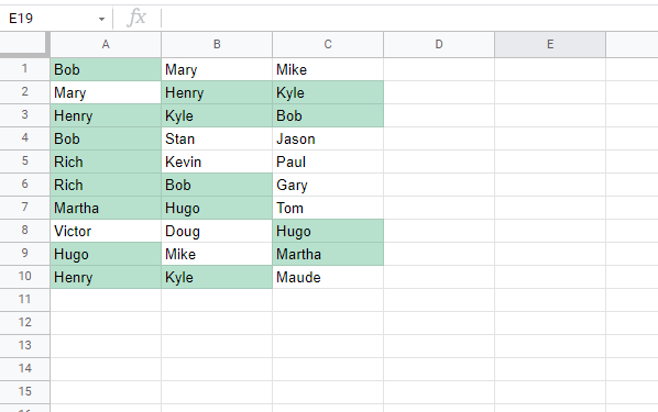 How to highlight duplicate data in google sheets in multiple rows and columns: results